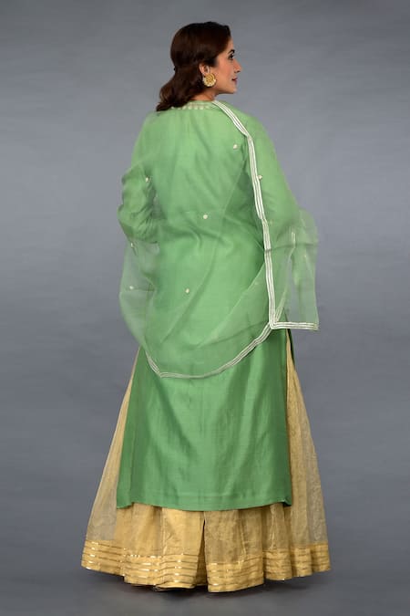 Shop Talking Threads Green Dupatta- Organza Silk, Kurta, Pant- Chanderi Pearl, Bead, Embroidered Set at Aza Fashions Shop_Talking Threads_Green Dupatta- Organza Silk, Kurta, Pant- Chanderi Pearl, Bead, Embroidered Set _at_Aza_Fashions