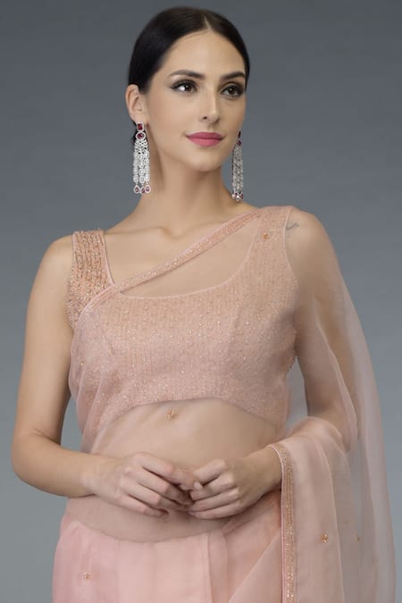 Shop_Talking Threads_Peach Organza Silk Round Embellished Saree Set  _Online_at_Aza_Fashions