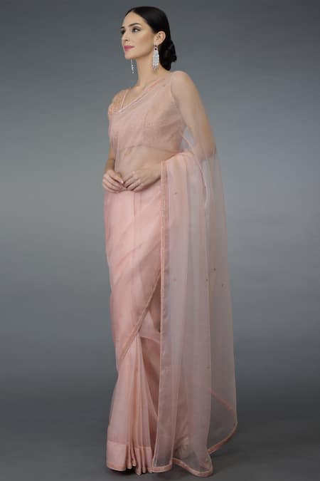 Buy_Talking Threads_Peach Organza Silk Round Embellished Saree Set  _Online_at_Aza_Fashions