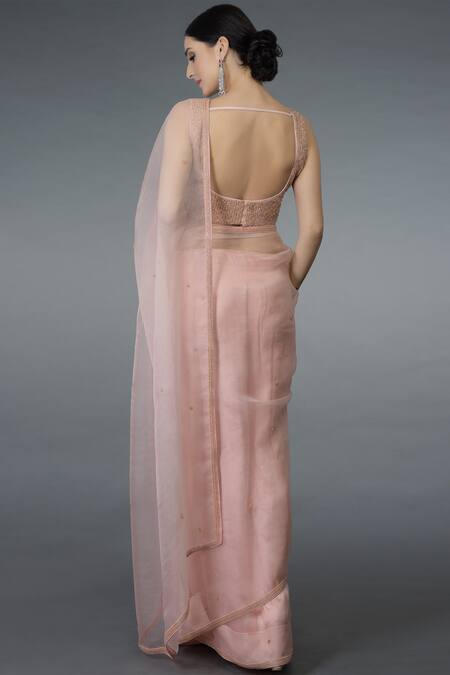 Shop_Talking Threads_Peach Organza Silk Round Embellished Saree Set  _at_Aza_Fashions