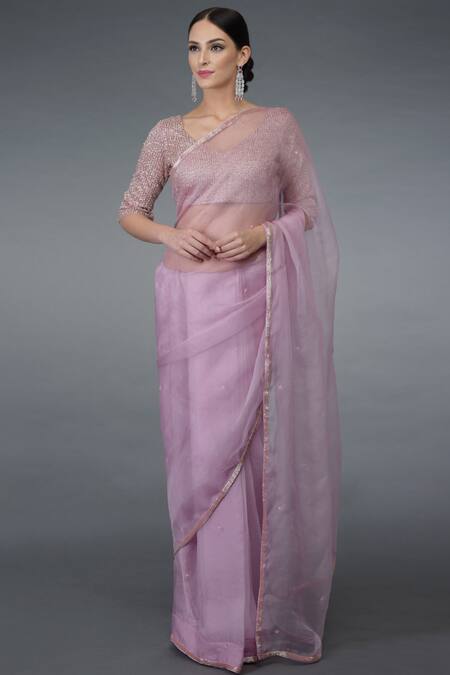 Talking Threads Purple Net, Organza Silk Leaf Neck Embellished Saree Set Online at Aza Fashions Talking Threads_Purple Net, Organza Silk Leaf Neck Embellished Saree Set _Online_at_Aza_Fashions