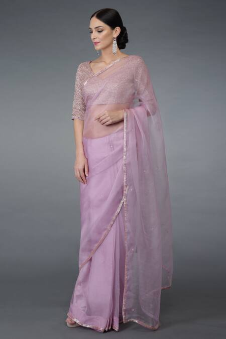 Buy Talking Threads Purple Net, Organza Silk Leaf Neck Embellished Saree Set Online at Aza Fashions Buy_Talking Threads_Purple Net, Organza Silk Leaf Neck Embellished Saree Set _Online_at_Aza_Fashions