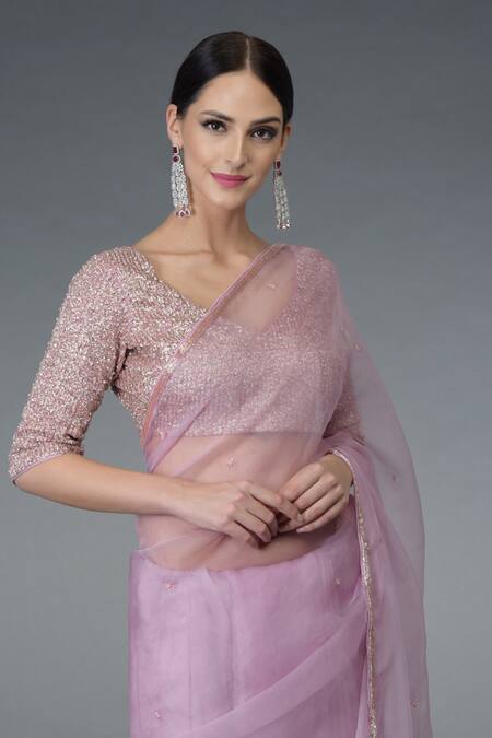 Talking Threads Purple Net, Organza Silk Leaf Neck Embellished Saree Set at Aza Fashions Talking Threads_Purple Net, Organza Silk Leaf Neck Embellished Saree Set _at_Aza_Fashions