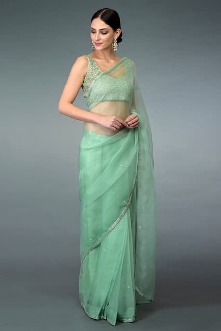 Talking Threads Green Organza Silk V Neck Saree With Blouse Online at Aza Fashions Talking Threads_Green Organza Silk V Neck Saree With Blouse _Online_at_Aza_Fashions