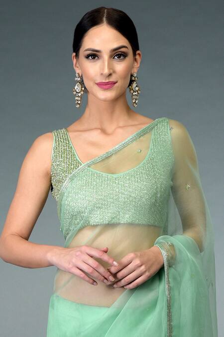 Buy Talking Threads Green Organza Silk V Neck Saree With Blouse Online at Aza Fashions Buy_Talking Threads_Green Organza Silk V Neck Saree With Blouse _Online_at_Aza_Fashions