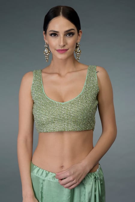 Shop Talking Threads Green Organza Silk V Neck Saree With Blouse Online at Aza Fashions Shop_Talking Threads_Green Organza Silk V Neck Saree With Blouse _Online_at_Aza_Fashions