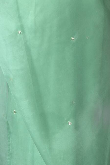 Talking Threads Green Organza Silk V Neck Saree With Blouse at Aza Fashions Talking Threads_Green Organza Silk V Neck Saree With Blouse _at_Aza_Fashions