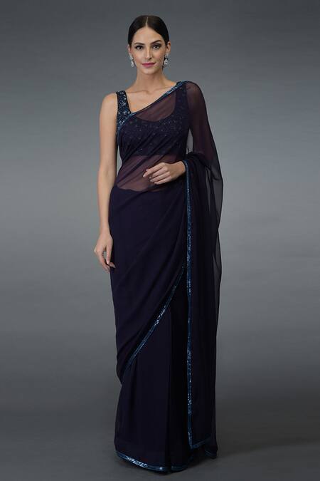 Talking Threads_Blue Silk Chiffon V Neck Embroidered Saree With Blouse _Online_at_Aza_Fashions