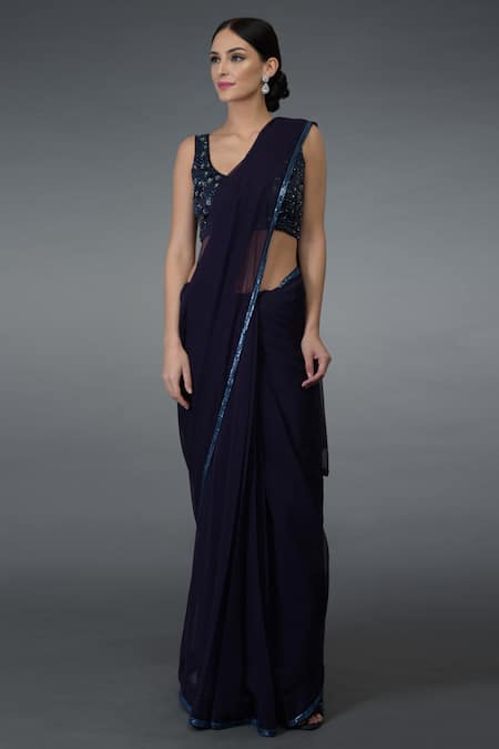 Buy_Talking Threads_Blue Silk Chiffon V Neck Embroidered Saree With Blouse _Online_at_Aza_Fashions