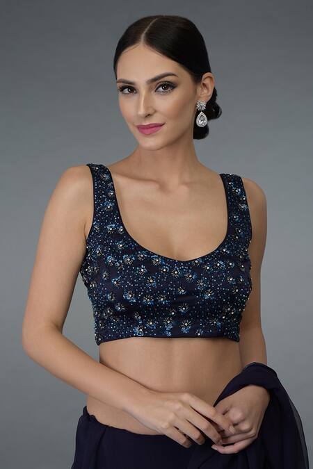 Shop_Talking Threads_Blue Silk Chiffon V Neck Embroidered Saree With Blouse _Online_at_Aza_Fashions