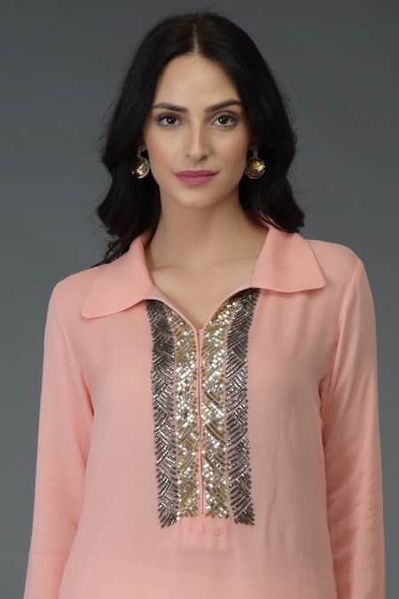 Shop_Talking Threads_Peach Crepe, Georgette Shirt Collar Embellished Kurta Dhoti Pant Set_Online_at_Aza_Fashions