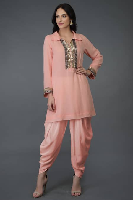 Talking Threads_Peach Crepe, Georgette Shirt Collar Embellished Kurta Dhoti Pant Set_Online_at_Aza_Fashions