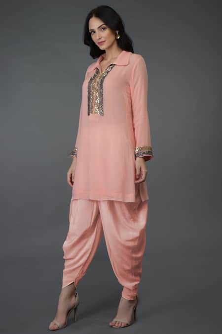 Buy_Talking Threads_Peach Crepe, Georgette Shirt Collar Embellished Kurta Dhoti Pant Set_Online_at_Aza_Fashions