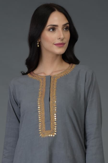 Shop_Talking Threads_Grey Cotton, Crepe Round Embroidered Kurta Dhoti Pant Set_Online_at_Aza_Fashions