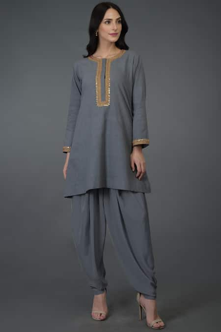 Talking Threads Grey Cotton Round Embroidered Kurta Dhoti Pant Set 