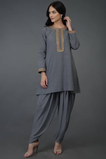 Buy_Talking Threads_Grey Cotton, Crepe Round Embroidered Kurta Dhoti Pant Set_Online_at_Aza_Fashions