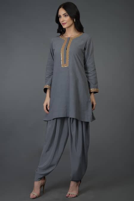 Talking Threads_Grey Cotton, Crepe Round Embroidered Kurta Dhoti Pant Set_Online_at_Aza_Fashions
