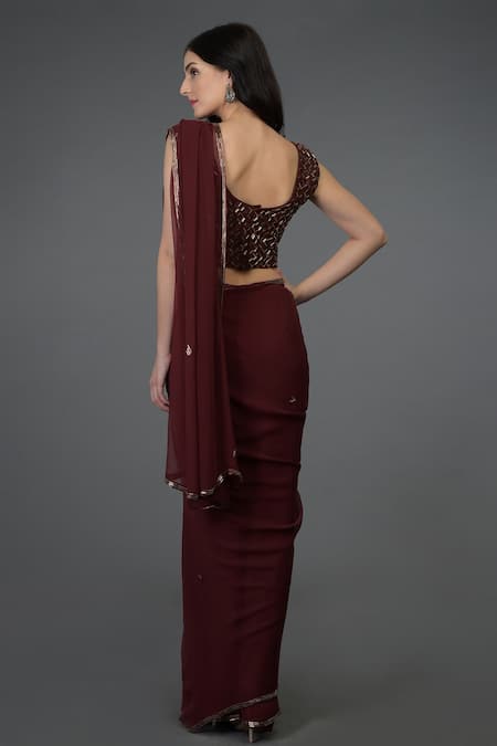 Shop Talking Threads Maroon Blouse- Raw Silk, Saree- Chiffon U Neck With Embroidered at Aza Fashions Shop_Talking Threads_Maroon Blouse- Raw Silk, Saree- Chiffon U Neck With Embroidered _at_Aza_Fashions