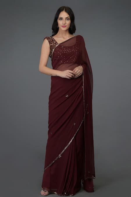 Buy Talking Threads Maroon Blouse- Raw Silk, Saree- Chiffon U Neck With Embroidered Online at Aza Fashions Buy_Talking Threads_Maroon Blouse- Raw Silk, Saree- Chiffon U Neck With Embroidered _Online_at_Aza_Fashions