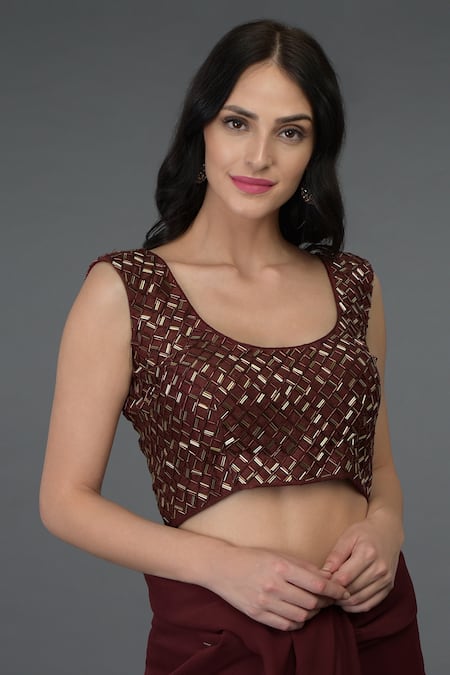 Shop Talking Threads Maroon Blouse- Raw Silk, Saree- Chiffon U Neck With Embroidered Online at Aza Fashions Shop_Talking Threads_Maroon Blouse- Raw Silk, Saree- Chiffon U Neck With Embroidered _Online_at_Aza_Fashions