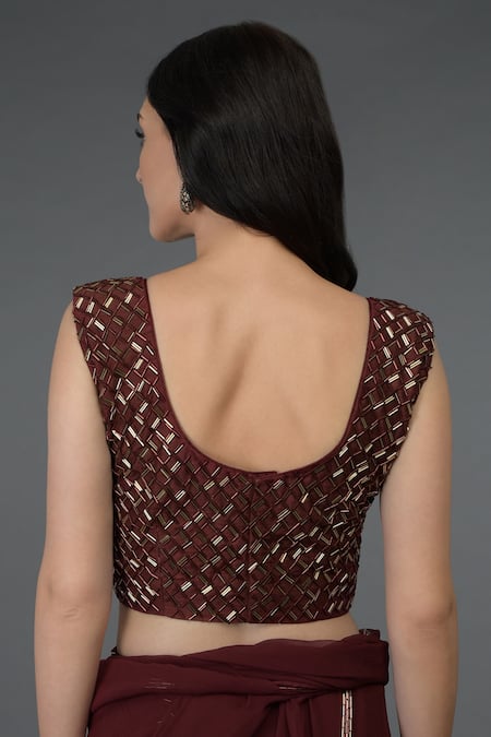 Talking Threads Maroon Blouse- Raw Silk, Saree- Chiffon U Neck With Embroidered at Aza Fashions Talking Threads_Maroon Blouse- Raw Silk, Saree- Chiffon U Neck With Embroidered _at_Aza_Fashions