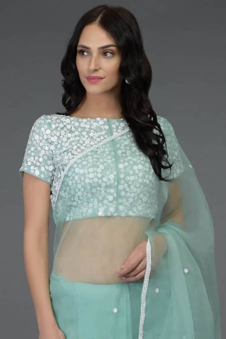 Shop_Talking Threads_Blue Net, Pure Organza Silk Wide Neck Embellished Saree Set_Online_at_Aza_Fashions