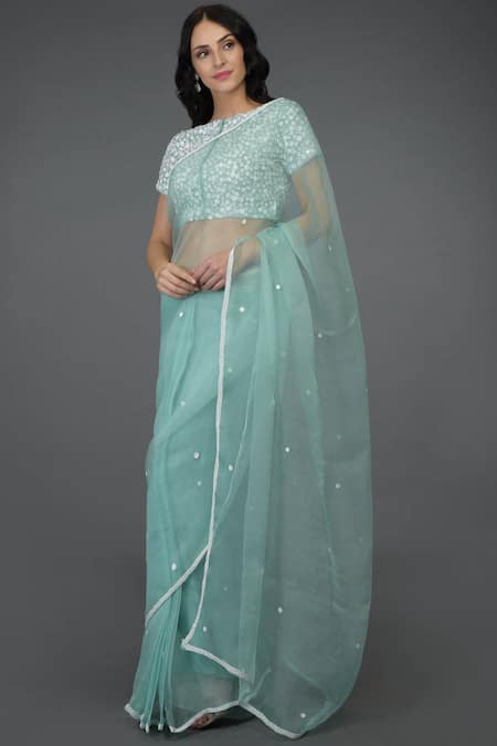 Buy_Talking Threads_Blue Net, Pure Organza Silk Wide Neck Embellished Saree Set_Online_at_Aza_Fashions