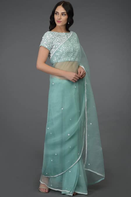 Talking Threads_Blue Net, Pure Organza Silk Wide Neck Embellished Saree Set_Online_at_Aza_Fashions