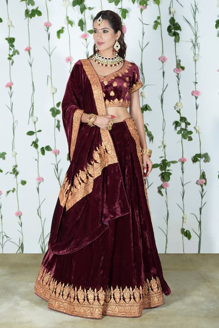 Wine Embroidered Velvet Bridal Lehenga Choli Latest 3239LG02