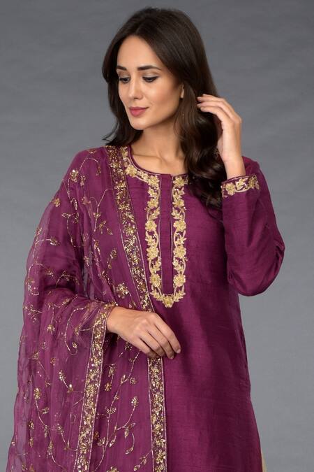 Buy_Talking Threads_Gold Organza, Pure Raw Silk Round Embroidered Kurta Palazzo Set_Online_at_Aza_Fashions