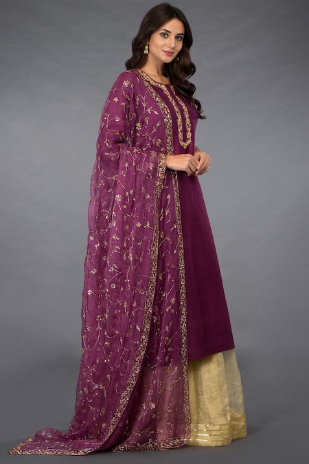 Talking Threads_Gold Organza, Pure Raw Silk Round Embroidered Kurta Palazzo Set_Online_at_Aza_Fashions