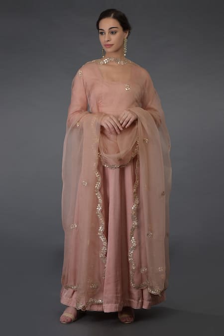 Talking Threads Pink Pure Organza Silk Floral Scallop Border Embroidered Dupatta 