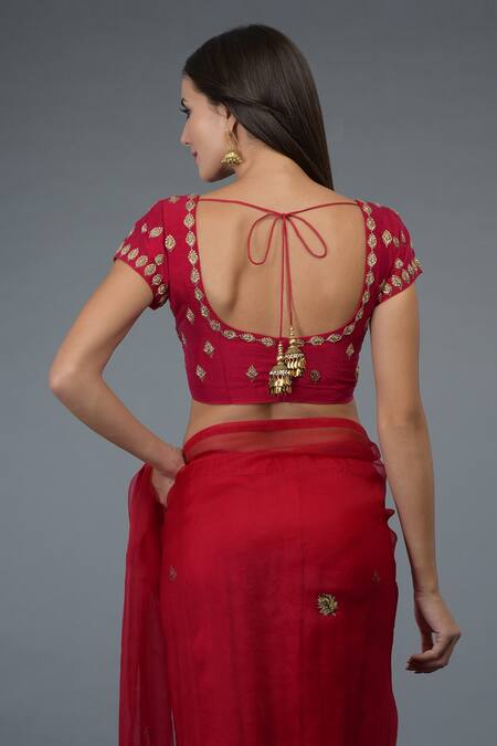 Shop_Talking Threads_Red Blouse- , Saree- Organza Crystal, Embroidered With _Online_at_Aza_Fashions