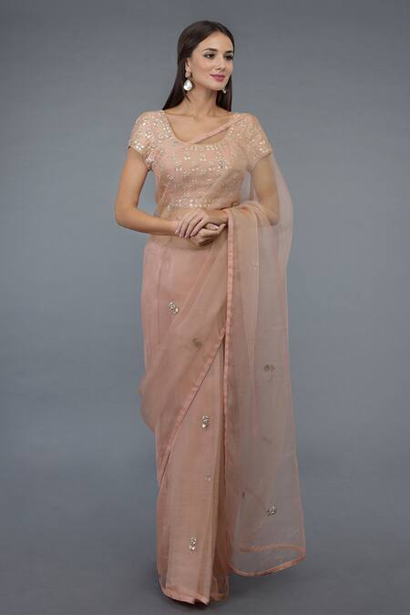 Talking Threads Pink Organza Silk Square Neck Embroidered Saree With Blouse Online at Aza Fashions Talking Threads_Pink Organza Silk Square Neck Embroidered Saree With Blouse _Online_at_Aza_Fashions
