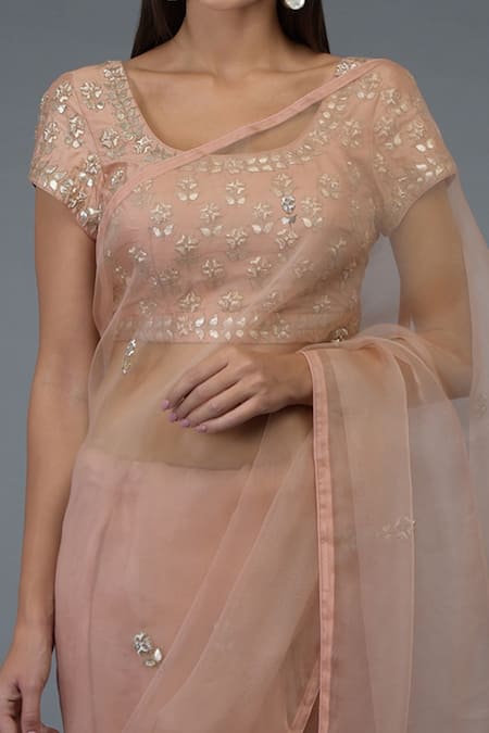 Shop Talking Threads Pink Organza Silk Square Neck Embroidered Saree With Blouse Online at Aza Fashions Shop_Talking Threads_Pink Organza Silk Square Neck Embroidered Saree With Blouse _Online_at_Aza_Fashions