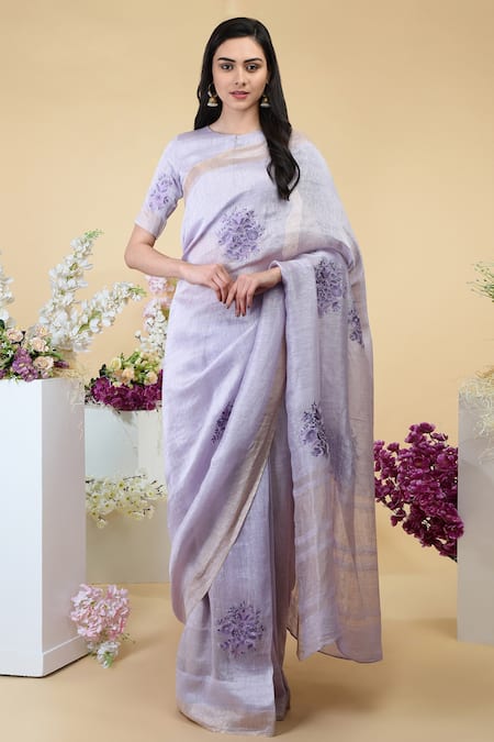 Talking Threads Purple Silk Linen Floral, Zari Jewel Neck Embroidered Saree With Blouse 