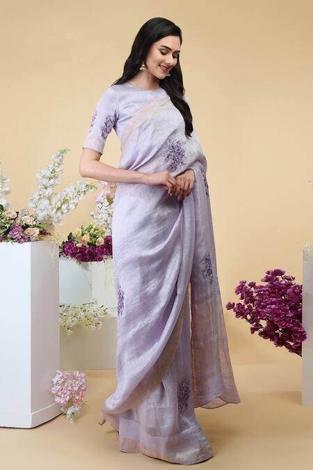Talking Threads Purple Silk Linen Floral, Zari Jewel Neck Embroidered Saree With Blouse Online at Aza Fashions Talking Threads_Purple Silk Linen Floral, Zari Jewel Neck Embroidered Saree With Blouse _Online_at_Aza_Fashions