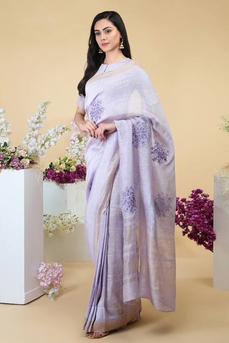 Buy Talking Threads Purple Silk Linen Floral, Zari Jewel Neck Embroidered Saree With Blouse Online at Aza Fashions Buy_Talking Threads_Purple Silk Linen Floral, Zari Jewel Neck Embroidered Saree With Blouse _Online_at_Aza_Fashions