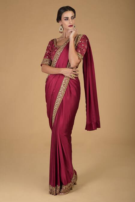 Talking Threads Maroon Pure Satin Silk Round Zardozi Embroidered Saree With Blouse Online at Aza Fashions Talking Threads_Maroon Pure Satin Silk Round Zardozi Embroidered Saree With Blouse _Online_at_Aza_Fashions