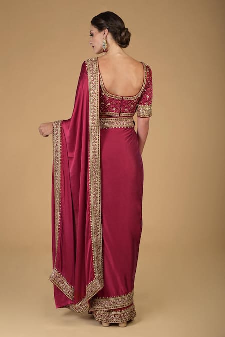 Shop Talking Threads Maroon Pure Satin Silk Round Zardozi Embroidered Saree With Blouse at Aza Fashions Shop_Talking Threads_Maroon Pure Satin Silk Round Zardozi Embroidered Saree With Blouse _at_Aza_Fashions