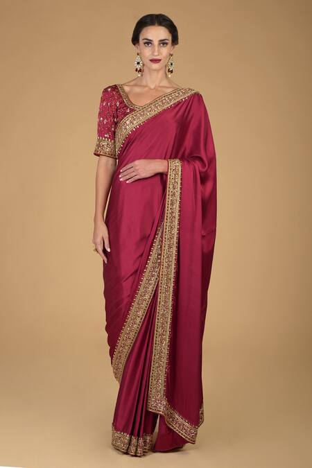 Buy Talking Threads Maroon Pure Satin Silk Round Zardozi Embroidered Saree With Blouse Online at Aza Fashions Buy_Talking Threads_Maroon Pure Satin Silk Round Zardozi Embroidered Saree With Blouse _Online_at_Aza_Fashions