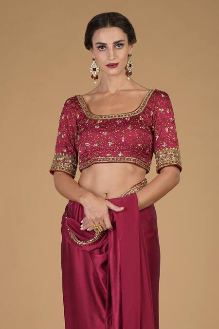 Shop Talking Threads Maroon Pure Satin Silk Round Zardozi Embroidered Saree With Blouse Online at Aza Fashions Shop_Talking Threads_Maroon Pure Satin Silk Round Zardozi Embroidered Saree With Blouse _Online_at_Aza_Fashions