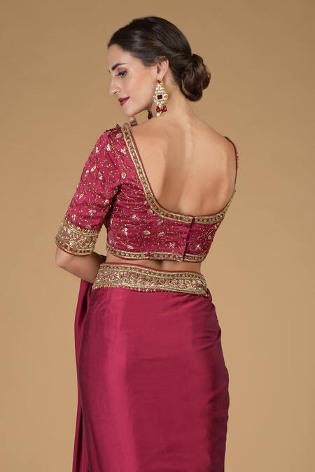 Talking Threads Maroon Pure Satin Silk Round Zardozi Embroidered Saree With Blouse at Aza Fashions Talking Threads_Maroon Pure Satin Silk Round Zardozi Embroidered Saree With Blouse _at_Aza_Fashions