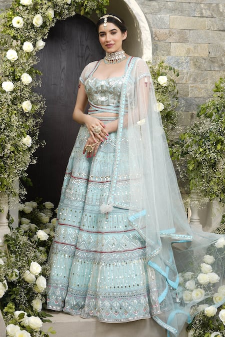 Tamaraa By Tahani Blue Silk Taffeta And Net Embroidery Sequin V Neck Bridal Lehenga Set 