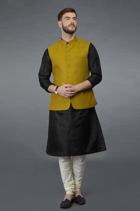 Talking Threads Yellow Waistcoat And Silk Kurta Set 