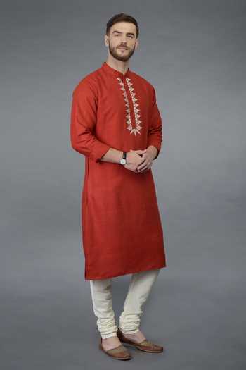 Talking Threads_Red Pure Matka Silk Floral Full Sleeve Kurta_Online_at_Aza_Fashions