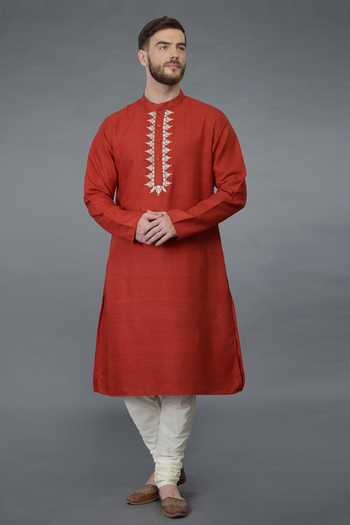Buy_Talking Threads_Red Pure Matka Silk Floral Full Sleeve Kurta_Online_at_Aza_Fashions