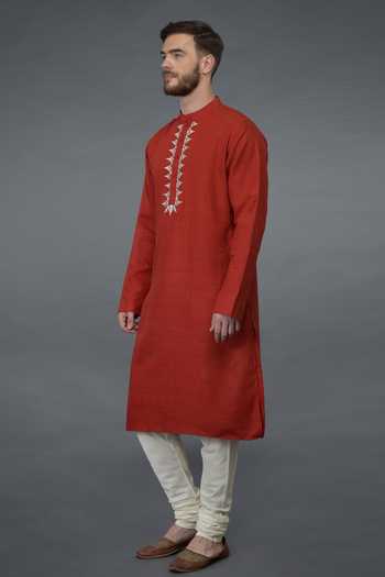 Shop_Talking Threads_Red Pure Matka Silk Floral Full Sleeve Kurta_Online_at_Aza_Fashions