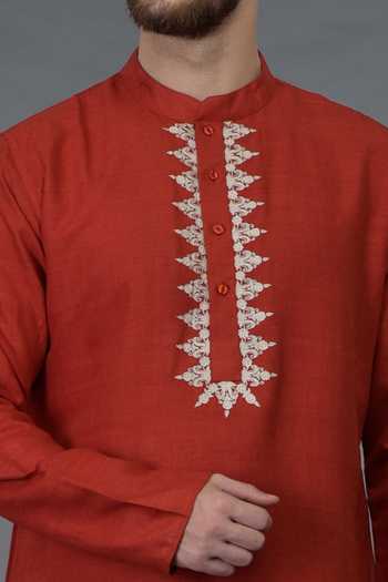 Talking Threads_Red Pure Matka Silk Floral Full Sleeve Kurta_at_Aza_Fashions