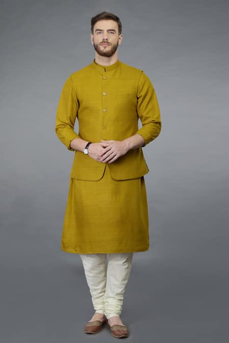 Talking Threads Yellow Waistcoat And Full Sleeve Kurta Set 